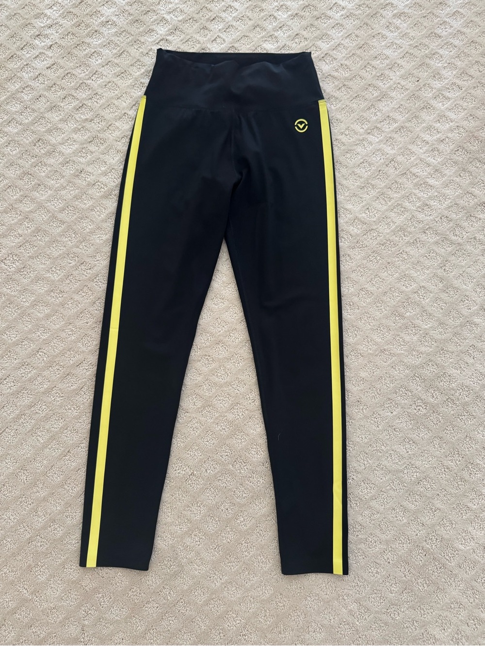 Virus Black Leggings with Neon Yellow Side Stripes. Size L.